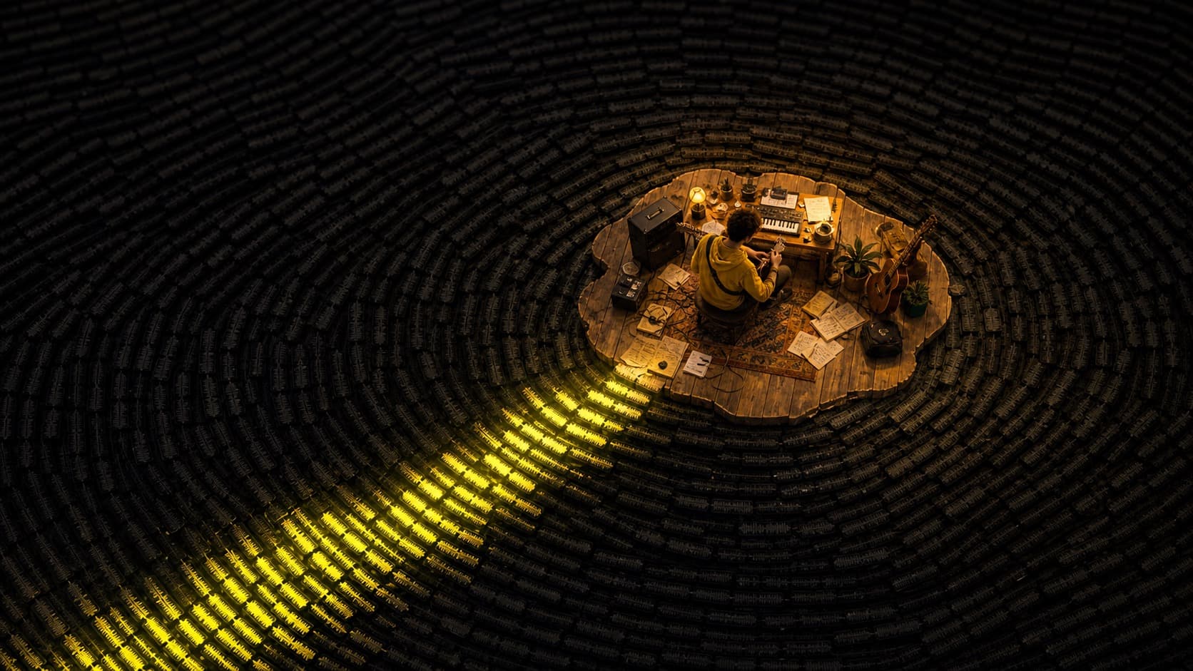 An independent musician performing under a spotlight while AI-generated waveforms flood the surrounding darkness, symbolizing the battle between human artistry and algorithmic music
