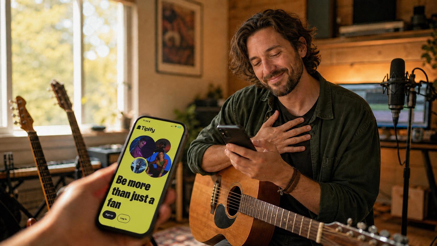 A smiling musician with a guitar, hand over heart, watching a fan hold up a phone showing the Tipify app