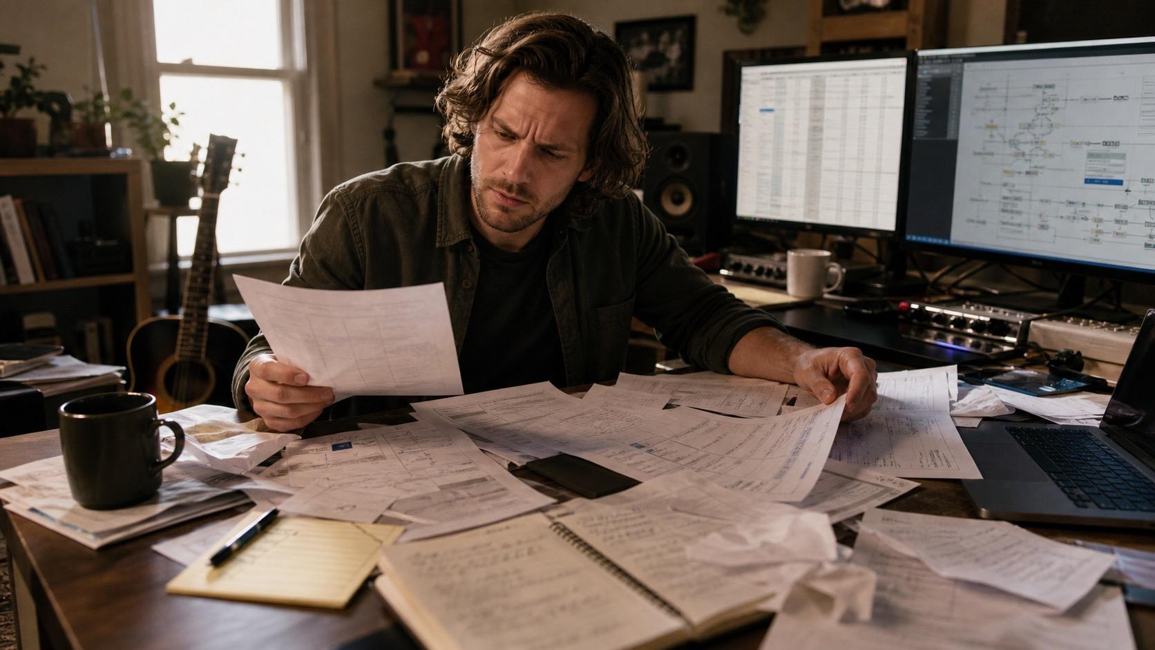 A musician at a home-studio desk covered in royalty statements and paperwork, reviewing where the money went