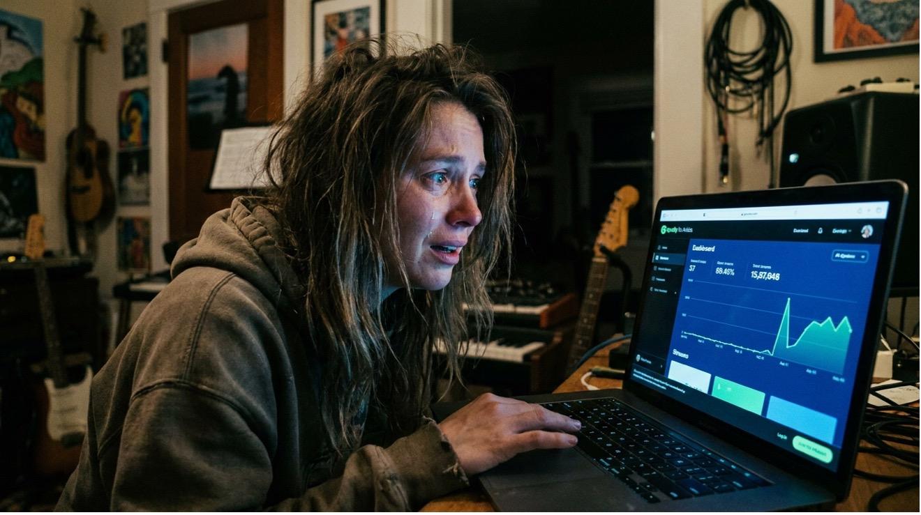 An independent musician looking distraught at a streaming dashboard on their laptop in a home studio at night