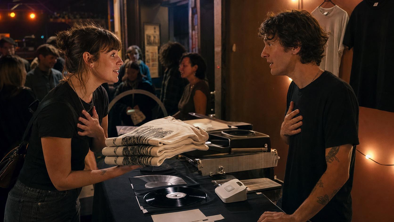 A fan holding a stack of T-shirts talking with a musician across a merch table at a show